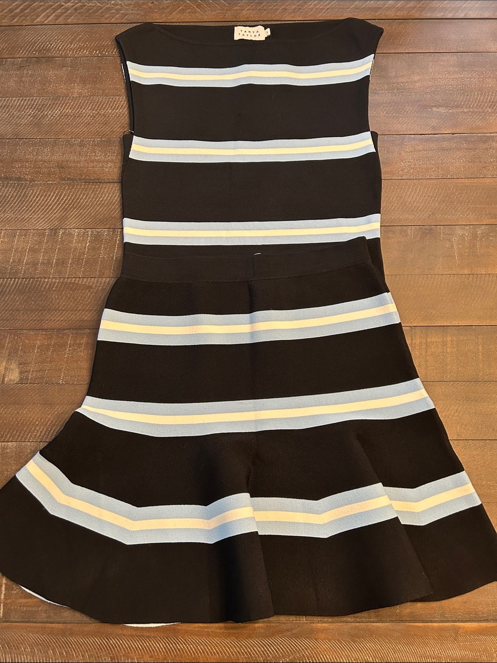 Tanya Taylor Navy Knit Set with Light Blue & Cream Stripes
